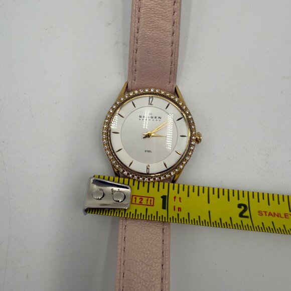 Skagen Denmark Quartz Womens Watch Pink Leather Band Silver Crystals 347SGL1 - Picture 6 of 16